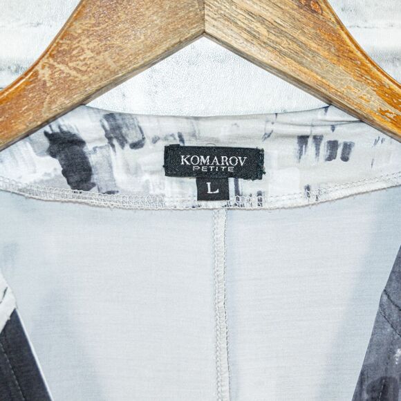 KOMAROV Wrap Dress Gray black Print Waist strap Petite sz L - Picture 2 of 10